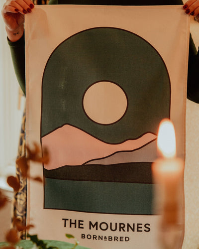 Person holding a poster with abstract design and 'The Mournes' branding.